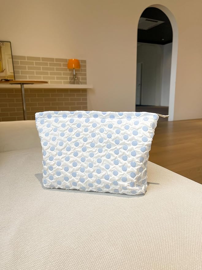 The Summer Swan | Large Aesthetic Makeup Bag | Floral Makeup Bag | Mid-day Clutch | Period Kit Bag | Hygiene Bag | Skincare Bag | Cute Makeup Bag (Polka Dots Blue)