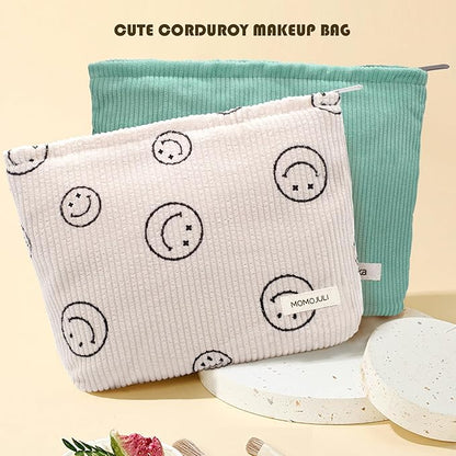 Corduroy Makeup Bag Cosmestic Bag Large Capacity Ladies Women Aesthetic Make Up Organizer Accessories Zipper Pouch Purse （Beige+Light Green）