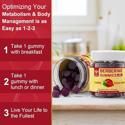 Berberine Supplement 1500mg with Soluble Fiber, B1, B3 & B6, Sugar Free Berberine HCL Gummies, High Bioavailability AMPK Activitor for Metabolism Balanced, Daily Digestive & Body Management, 60 Cts
