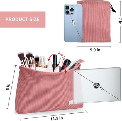 WLLWOO Makeup Bag-2pcs Corduroy Cosmetic Bag Zipper Interior Waterproof Pencil Case Coin Purse Travel Toiletry Small Makeup Pouch For Women