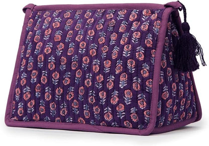 Quilted Makeup Bag- Large Capacity Cosmetic Bags for Women - Water Resistance Lining Portable Pouch & Open Toiletry Bag - Perfect Girls Makeup Organizer for Travel Essentials (Purple & Orange Floral)
