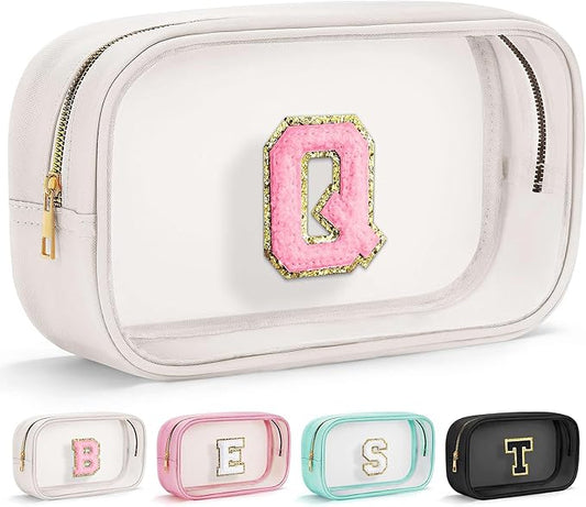 YOOLIFE Initial Make Up Bag Travel Toiletry Bag, Clear Makeup Bag Preppy Cosmetic Bag Clear Makeup Bags With Zipper Girlfriend Teacher 6 Year Old Girl Gifts Daughter Gifts Swim Gifts For Girls White Q