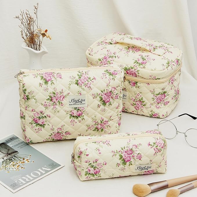 kingkiss Makeup Bag, Quilted Cosmetic Bag, Large Capacity Make Up Bag for Women, Cute Floral Storage Toiletry Bag Travel Storage Makeup Bag (Pink Flower)