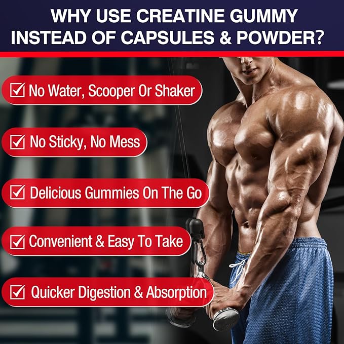 Creatine Monohydrate Gummies for Women & Men, Taurine & B6, Chewable Creatine Pre Workout Gummies for Max Strength & Muscle Growth, Energy, Endurance, Creatine for Men & Women, 5g Per Serving - 1 Pack
