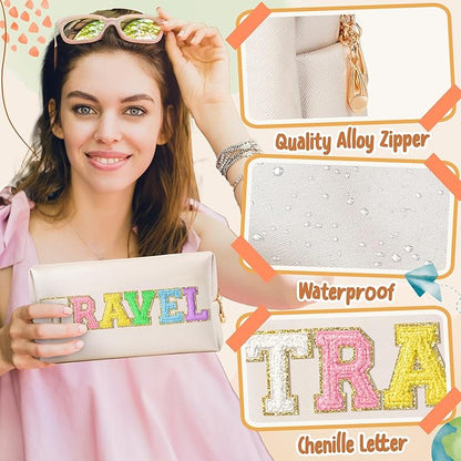CY2SIDE TRAVEL Letter Makeup Bag - Colorful Chenille Letter Patch Cosmetic Bag Shell Gold PU Leather Patch Pouch Waterproof Portable Zipper Travel Organizer Christmas Idea Gifts for Women Girls
