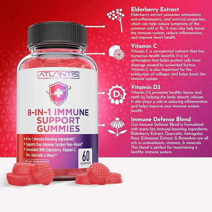 8-In-1 Immune Support Gummies w/ Elderberry - Immune Support Supplement Mix of Elderberry, Quercetin, Zinc & Vitamin C Gummies - Immune Boosters for Adults & Kids, Elderberry Gummies, Immunity Gummies