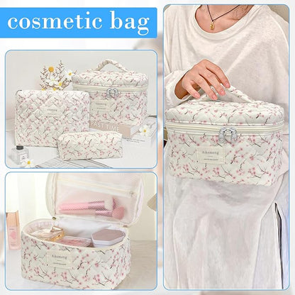 3 Piece Floral Quilted Makeup Bag, Large Capacity Travel Cosmetic Bag for Women and Girls, Aesthetic Storage for Daily and Travel Use (3pcs-peachblossom)