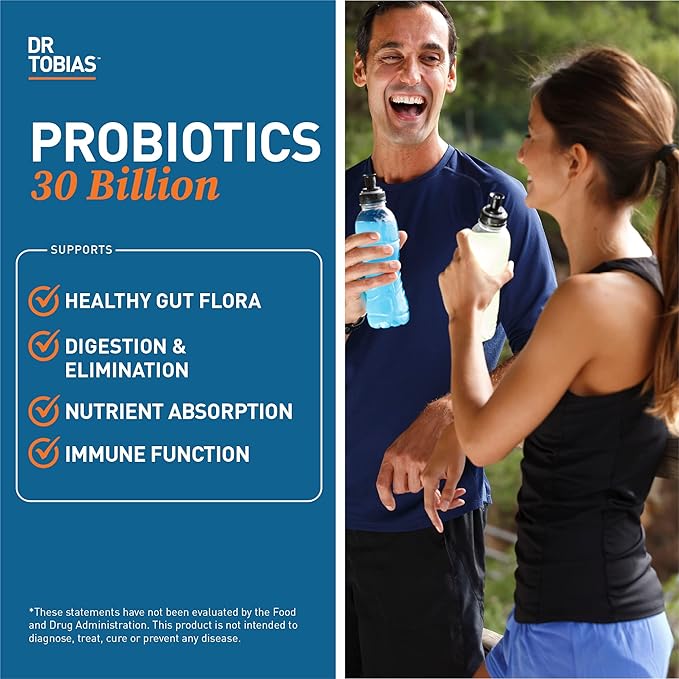 Dr. Tobias Probiotics 30 Billion, 10 Strains, 30 Billion CFU's, Targeted Release Probiotics for Digestive Health, Shelf-Stable Probiotics for Women & Men, Non-GMO, 60 Capsules, 60 Servings