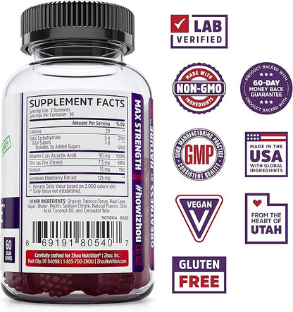 Zhou Nutrition Elder-Mune Sambucus Elderberry Gummies with Zinc and Vitamin C for Kids & Adults (Age 4+) Immune Support with Antioxidants, Vegan, Gluten Free, Non-GMO, 30 Servings, 60 Gummies