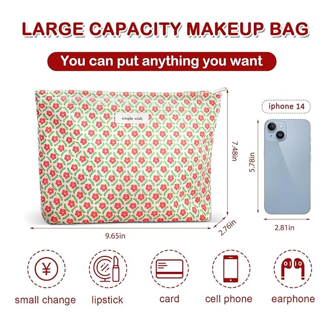 ZLFSRQ Flower Makeup Bag Travel Cute Floral Cosmetic Bag for Women Girls Small Red Flower Makeup Zipper Portable Storage Toiletry Pouch for Purse Aesthetic Christmas Essential Cosmetic Organizer