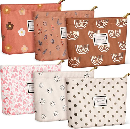 Sanwuta 6 Pcs Velvet Makeup Bag Large Capacity Corduroy Cosmetic Bag pattern Canvas Makeup Pouch with Zipper Travel Toiletry Accessories Organizer for Women Girls Gifts, 10 x 7 Inch(Assorted)