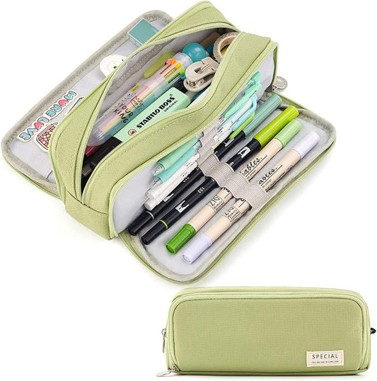 CICIMELON Large Capacity Pencil Case 3 Compartment Pouch Pen Bag for School Teen Girl Boy Men Women (Green)