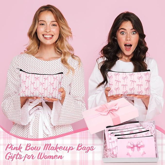 Reginary 20 Pieces Cosmetic Bag for Women, Roomy Makeup Bags with Zipper Toiletry Bag Pouch Travel Accessory Organizer Gifts, 7 x 4.3 Inches (Pink Bow)