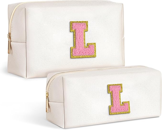 TOPEAST Initial Cosmetic Bag for Women, 2 Pack Personalized Initial Letter Makeup Bag Set, Initial Cosmetic Bag Travel Toiletry Make Up Bag for Women Her Mom Best Friend Sister Teacher, White L