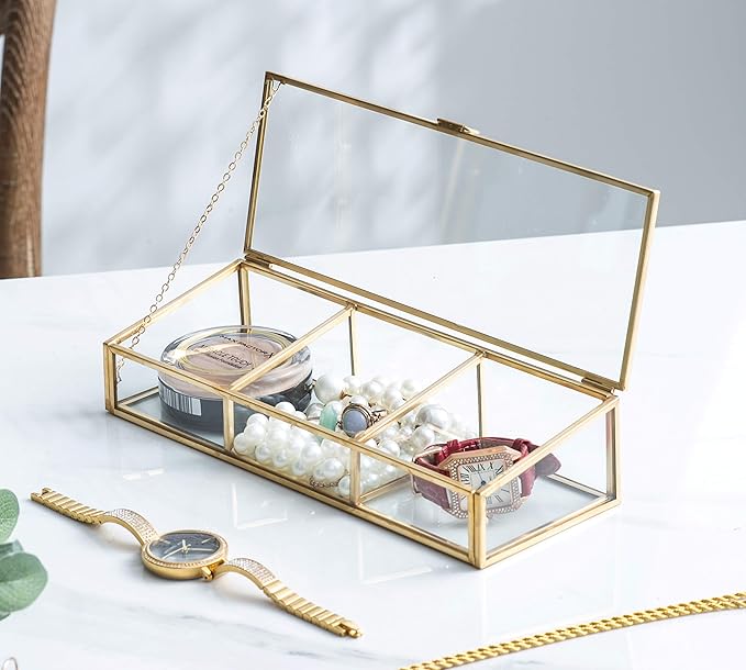 Golden Vintage Glass Lidded Box Clear Glass & Brass Metal Storage Jewelry and Cosmetic Makeup Organizer with Lid Beauty Display, Rectangle with 3 Compartment