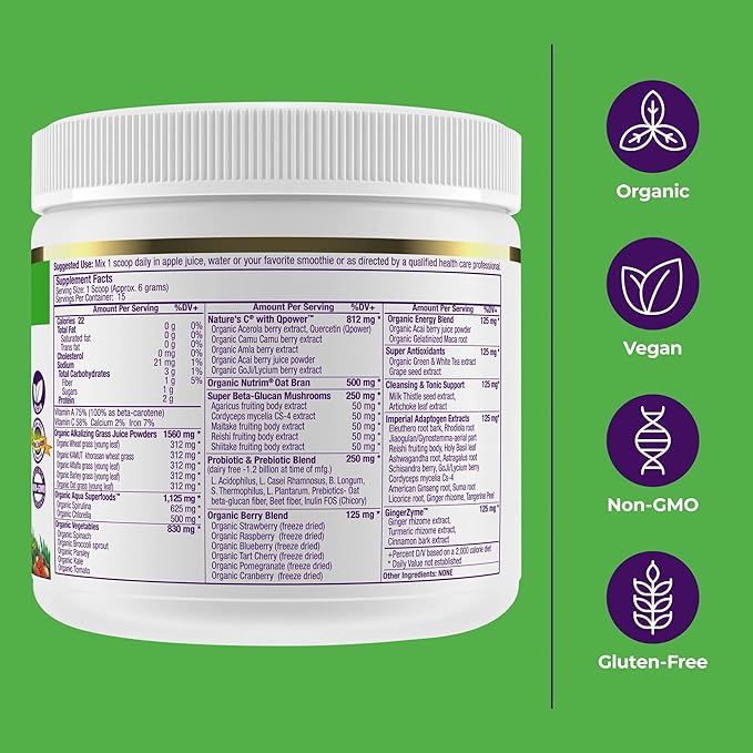 Paradise Herbs, ORAC Energy Greens Powder, Antioxidant Power of 24 Servings of Fruits & Vegetables in 1 Scoop, 15 Servings
