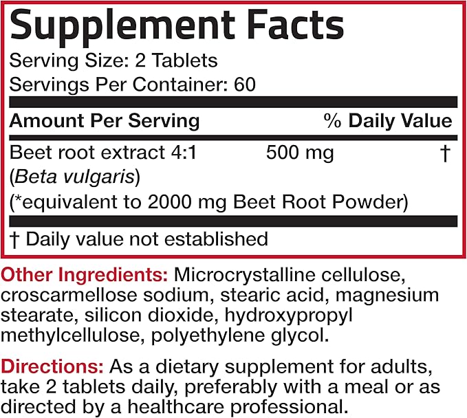 Bronson Beet Root Extra Strength (Equivalent to 2000mg Beet Root per Serving from 500mg 4:1 Extract), Non-GMO, 120 Vegetarian Tablets