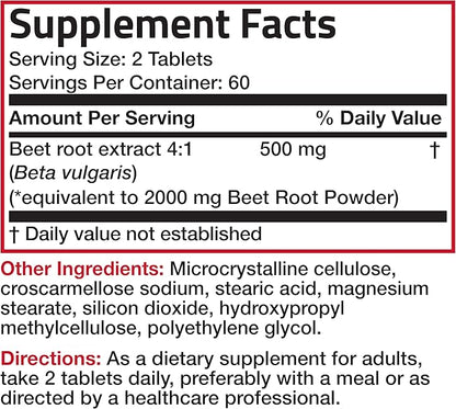 Bronson Beet Root Extra Strength (Equivalent to 2000mg Beet Root per Serving from 500mg 4:1 Extract), Non-GMO, 120 Vegetarian Tablets