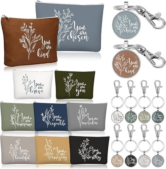 Sieral 20 Pcs Inspirational Gifts for Women Cosmetic Makeup Bags and Keychains Bulk with Inspirational Quotes Appreciation Gifts for Women Mom Nurse Teacher Graduation Employee(Aesthetics)