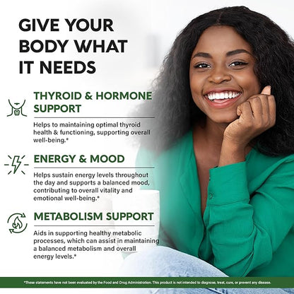 Thyroid Support for Women - Selenium 200 mcg | Zinc & Iodine | L-Tyrosine | Magnesium | Adaptogen Herbs - 21-in-1 Antioxidant & Immune Support - Vegan, Non-GMO, Lab Tested - 60 Capsules, Made in USA