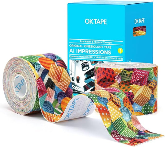 OK TAPE Patterned Kinesiology Tape, Elastic Physical Therapy Athletic Tape for Pain Relief & Muscle Support, Uncut Kinetic Tape, 2in x 16.4ft- 2 Rolls (Geometric)