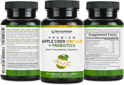 TRIO NUTRITION Apple Cider Vinegar Capsules with Billions of Multi-Strain Probiotics & L-Carnitine - Sugar Free ACV Capsules with The Mother for Gut Health, Immunity, Body Cleanse & Healthy pH*
