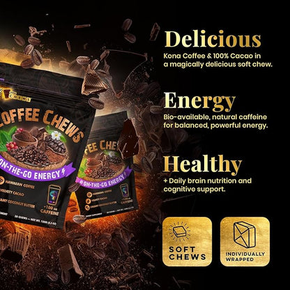 YouChews Caffeine Chew - 100mg Caffeine from Guarana Seed & Kona Coffee - Natural Ingredients, Low Sugar, Long Lasting Energy Supplement for Workouts, Running & Gaming (30 Chews)