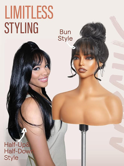 GORGIUS Glueless Wig with Bangs Natural Black Straight Layered Hair Ready-to-Go Synthetic Bang Wigs with Realistic Scalp 24 Inch