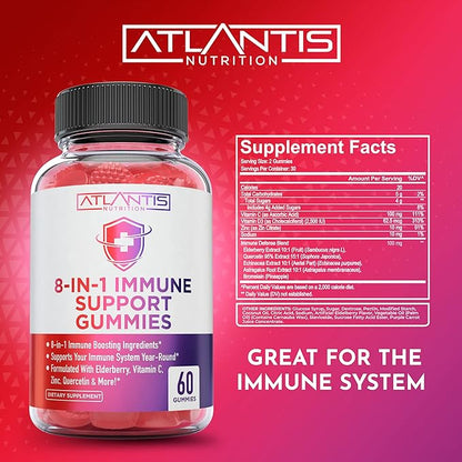 8-In-1 Immune Support Gummies w/ Elderberry - Immune Support Supplement Mix of Elderberry, Quercetin, Zinc & Vitamin C Gummies - Immune Boosters for Adults & Kids, Elderberry Gummies, Immunity Gummies