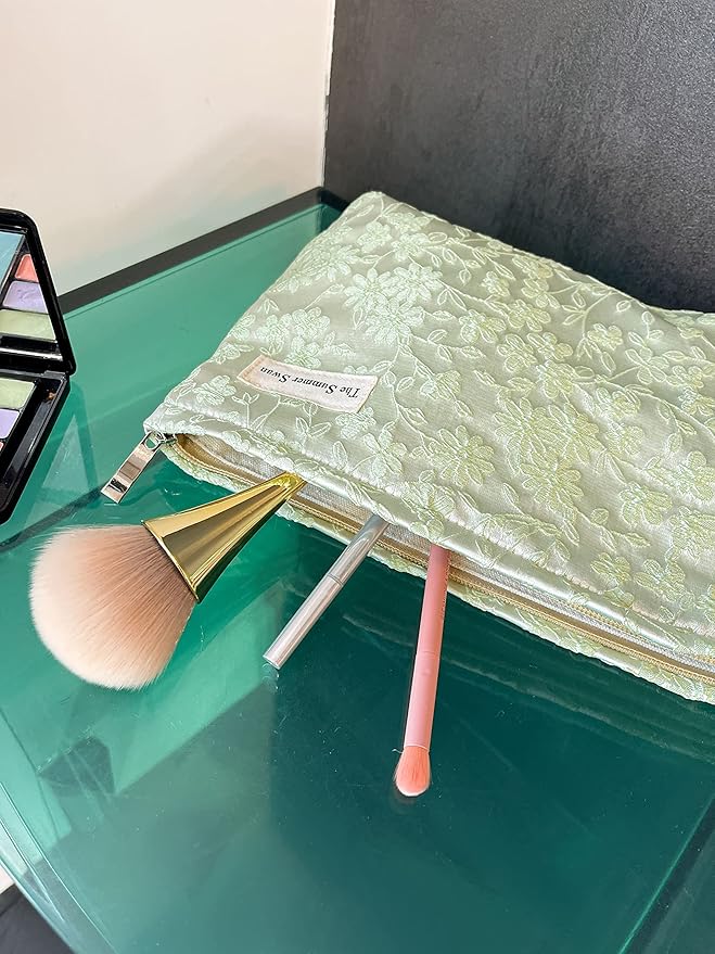 The Summer Swan | Floral Cosmetic Bag｜Large Aesthetic Travel Makeup Bag | Personal Item Bag | Preppy Makeup Pouch | Skincare Bag (Embroidery Green)