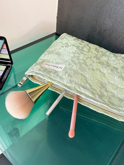 The Summer Swan | Floral Cosmetic Bag｜Large Aesthetic Travel Makeup Bag | Personal Item Bag | Preppy Makeup Pouch | Skincare Bag (Embroidery Green)