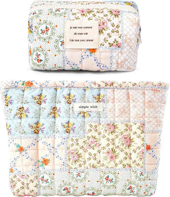 2 Pieces Floral Makeup Bag, Cute Travel Quilted Pouch Cosmetic Bag Organizer, Small Cotton Coquette Aesthetic Purse Toiletry Bag for Women Girls accessories (Blue Flower-2PCS)