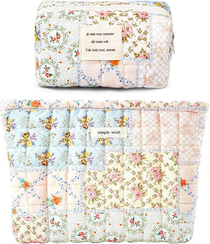 2 Pieces Floral Makeup Bag, Cute Travel Quilted Pouch Cosmetic Bag Organizer, Small Cotton Coquette Aesthetic Purse Toiletry Bag for Women Girls accessories (Blue Flower-2PCS)