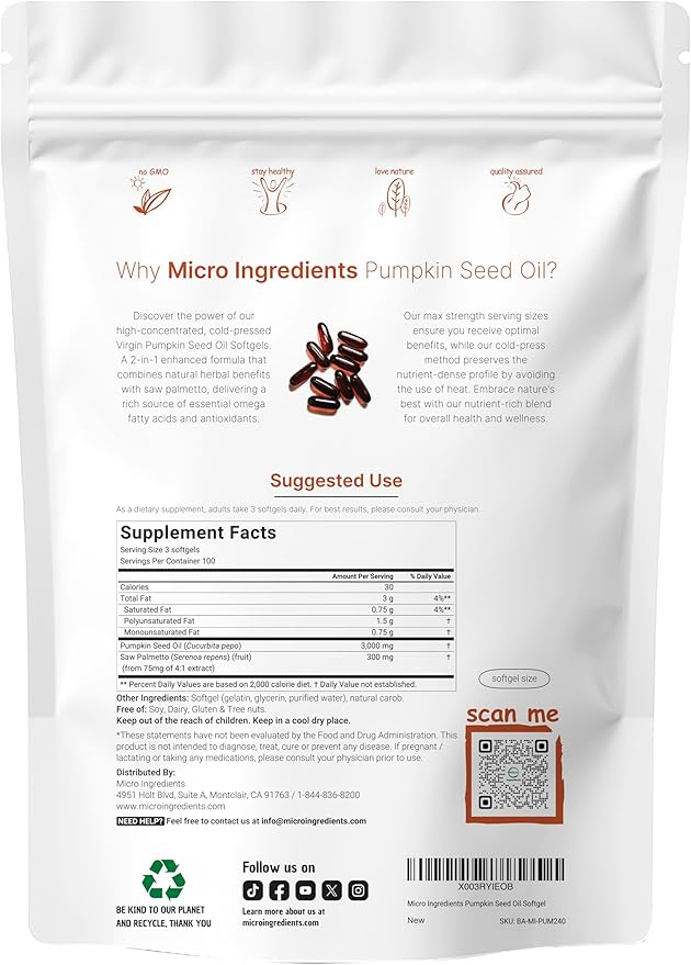 Pumpkin Seed Oil with Saw Palmetto, 3,000mg Per Serving, 300 Softgels | Cold Pressed, Pure Virgin Oil, Herbal Supplement | Supports Hair, Urinary, Bladder & Prostate Health | Non-GMO