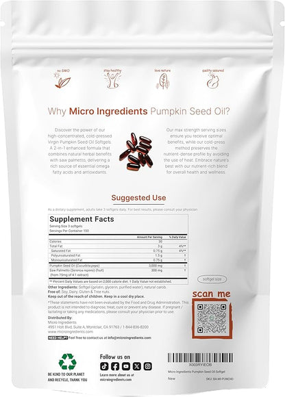 Pumpkin Seed Oil with Saw Palmetto, 3,000mg Per Serving, 300 Softgels | Cold Pressed, Pure Virgin Oil, Herbal Supplement | Supports Hair, Urinary, Bladder & Prostate Health | Non-GMO