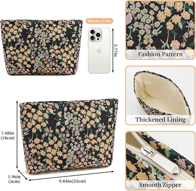 WOZEAH Floral Makeup Bag for Purse Small Cosmetic Pouch,Stylish Zipper Make up Pouch Travel Canvas Toiletry Bags(Flower Branches 3)