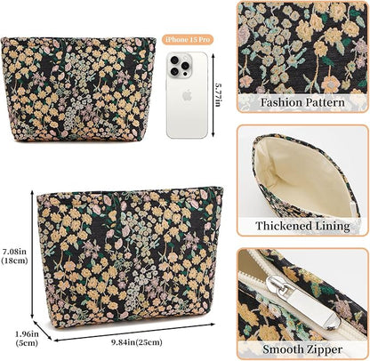 WOZEAH Floral Makeup Bag for Purse Small Cosmetic Pouch,Stylish Zipper Make up Pouch Travel Canvas Toiletry Bags(Flower Branches 3)