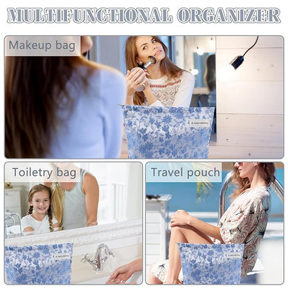 ZLFSRQ Daisy Flower Makeup Bag Travel Floral Cute Cosmetic Bags for Women Large Toiletry Pouch Zipper Cosmetic Pouch for Purse Aesthetic Embroidery Blue Makeup Organizer Bag Portable Toiletry Bags