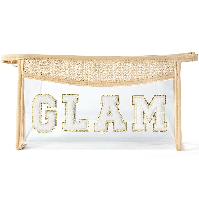 Summer Boho Patch GLAM Toiletry Makeup Bag, Beige Clear Varsity Letter Travel Cosmetic Bag, Transparent Waterproof PVC Zipper Toiletry Kit Snacks Cute Purse Makeup Pouch for Women Girls