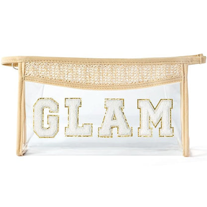 Summer Boho Patch GLAM Toiletry Makeup Bag, Beige Clear Varsity Letter Travel Cosmetic Bag, Transparent Waterproof PVC Zipper Toiletry Kit Snacks Cute Purse Makeup Pouch for Women Girls