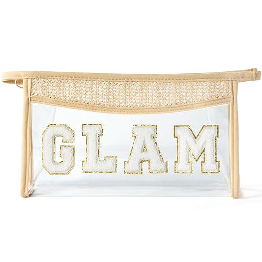 Summer Boho Patch GLAM Toiletry Makeup Bag, Beige Clear Varsity Letter Travel Cosmetic Bag, Transparent Waterproof PVC Zipper Toiletry Kit Snacks Cute Purse Makeup Pouch for Women Girls