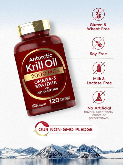 Carlyle Antarctic Krill Oil 2000 mg 120 Softgels | Omega-3 EPA, DHA, with Astaxanthin Supplement Sourced from Red Krill | Maximum Strength | Laboratory Tested