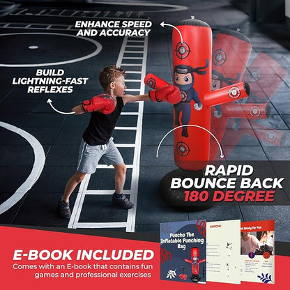 PUNCHO Inflatable Punching Bag for Kids - 63" Kid Boxing Bag Set - Karate Gifts for Boys and Girls Age 3-12 - Kids Punching Bag & Birthday Gift with Boxing Gloves, Air Pump, eBook - Ninja Kid Toys