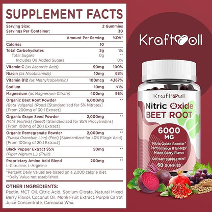 Nitric Oxide Beet Root Gummies 6000MG Supplements, Grapeseed Powder, Pomegranate Powder, Vitamin C and B12 - Beet Chewables Mixed Berry Flavor - 60 Gummies (2 Bottle)