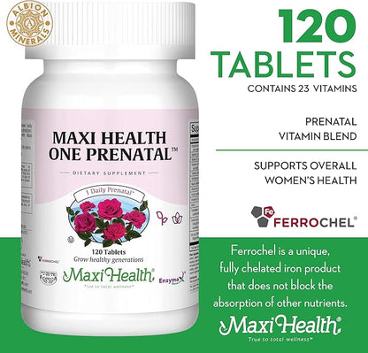 Maxi Health One Prenatal - Womens Prenatal Vitamins with Iron - Enhanced Absorption & Bioavailability - Daily Multivitamin for Women - Multi Vitamin & Mineral Supplement for Adults - 120 Capsules