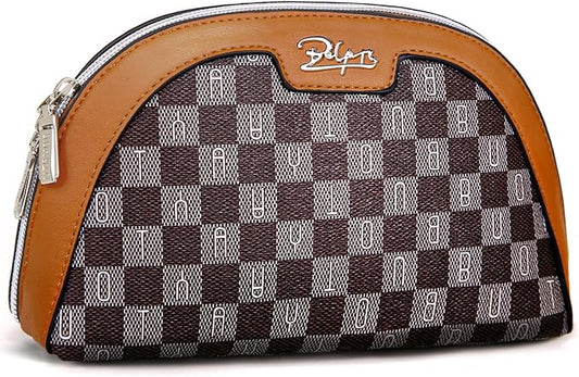 Small Makeup Bag for Purse Cosmetic Bag: Checkered Make up Bag for Women - Cute Preppy Skincare Bags for Evening - Waterproof Travel Pouch for Toiletry Organizer with Mirror & Zipper(020-Brown)