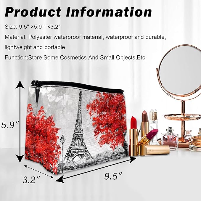 Eiffel Tower Makeup Bag for Purse, Waterproof Funny Paris Cosmetic Bag for Women, Zipper Travel Toiletry Pouch Gift 9.5×5.9 Inch