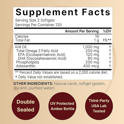 NatureBell Antarctic Krill Oil 1000mg Supplement, 240 Softgels, Natural Source of Omega-3s, EPA, DHA and Astaxanthin - No Aftertaste - Support Heart Health, Mercury Free & Non-GMO