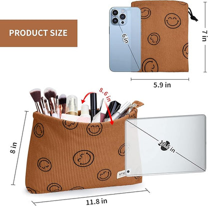 WLLWOO Makeup Bag-2pcs Smile Face Corduroy Cosmetic Bag Zipper Interior Waterproof Pencil Case Coin Purse Travel Toiletry Small Makeup Pouch For Women