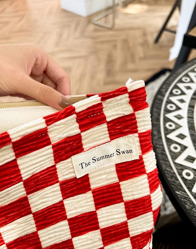 The Summer Swan | Large Aesthetic | Checkered Makeup Bag | Pencil Pouch | Period Kit Bag | Hygiene Bag | Skincare Bag | Cute Makeup Bag (Checkered Red & White)